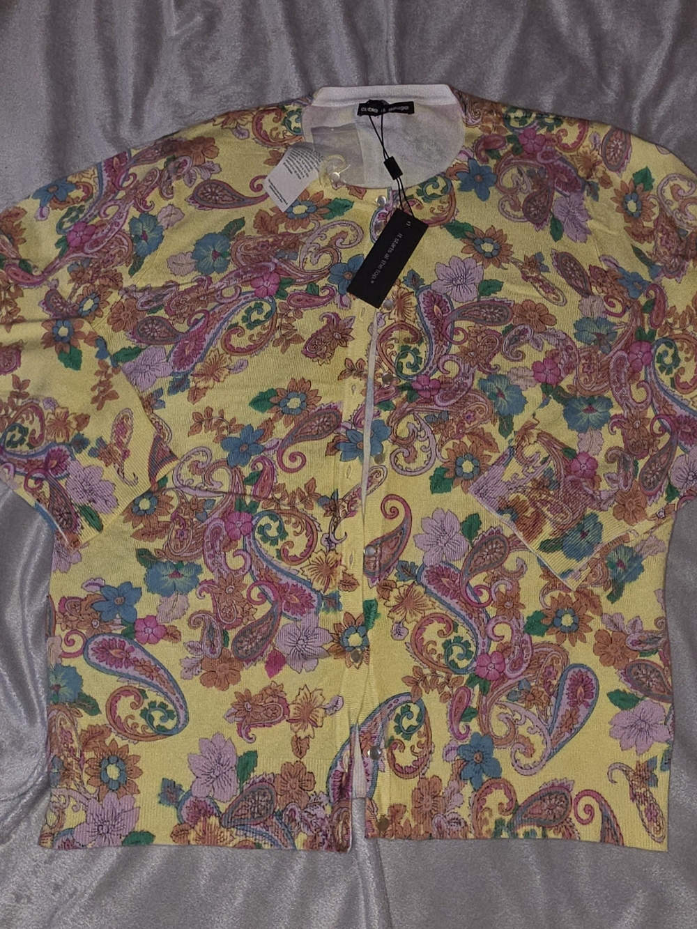 Cable & Gauge Yellow Paisley Floral Zip Cardigan with Pink & Teal Accents